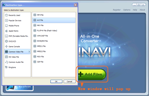 WinAVIプログラムにファイルをロードして 出力形式を設定する- スクリーンショット