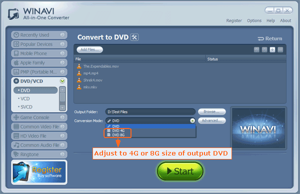 DVD 4G或いは8Gを選択して直接に変換する