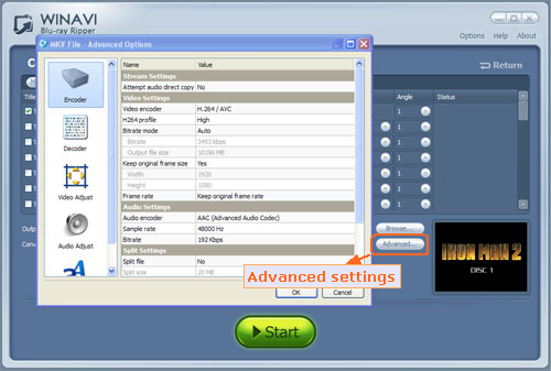 Advanced settings for converting bluray to mkv - screenshot