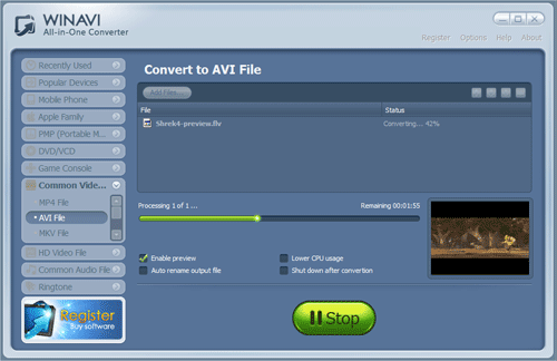 WinAVI究極動画変換でflvをaviに変換する -スクリーンショット