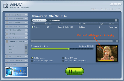 WinAVI究極動画変換でdvdをwmvに変換する - スクリーンショット