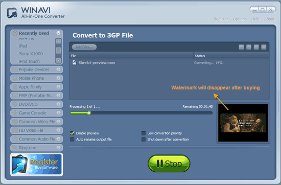 WinAVI 究極動画変換で’movを 3gpに変換する -スクリーンショット