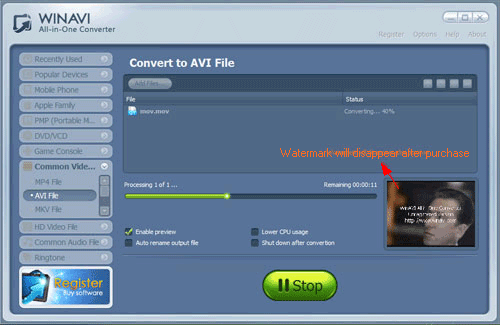 WinAVI究極動画変換でmovをaviに変換する -スクリーンショット