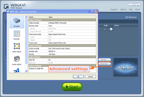 DVDをMP4形式にリッピングするために高度な設定をする -スクリーンショット