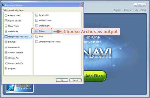 DVDをArchos商品に変換するために出力としてArchos商品を選択する - スクリーンショット